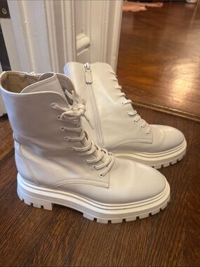 Stuart Weitzman White Lace-Up Combat Boots with Chunky Sole